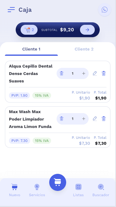 Pantalla de caja de Katu con productos y subtotal