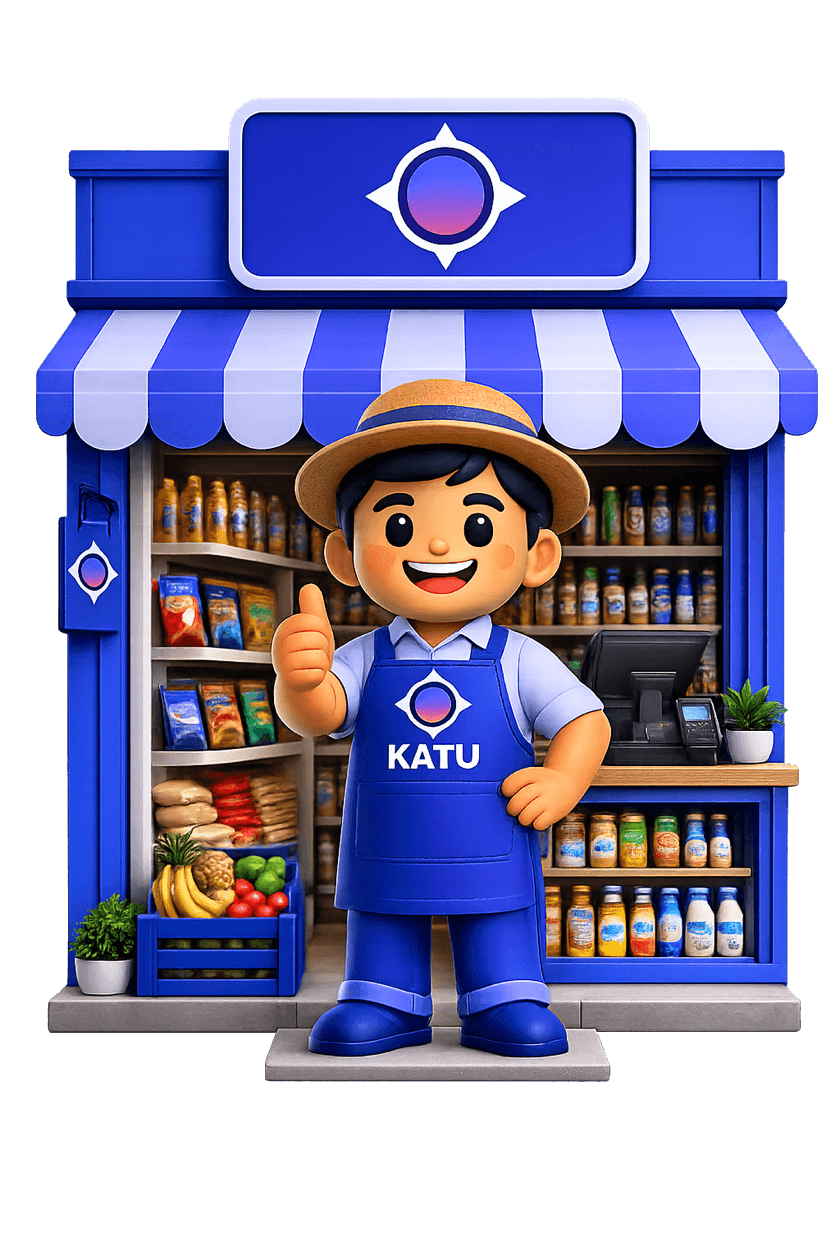 Tendero feliz frente a su tienda Katu