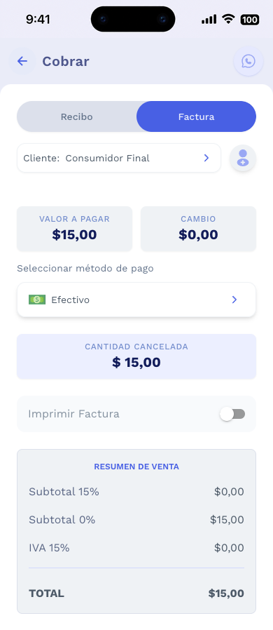 Pantalla de cobro de Katu con factura electrónica y resumen de venta