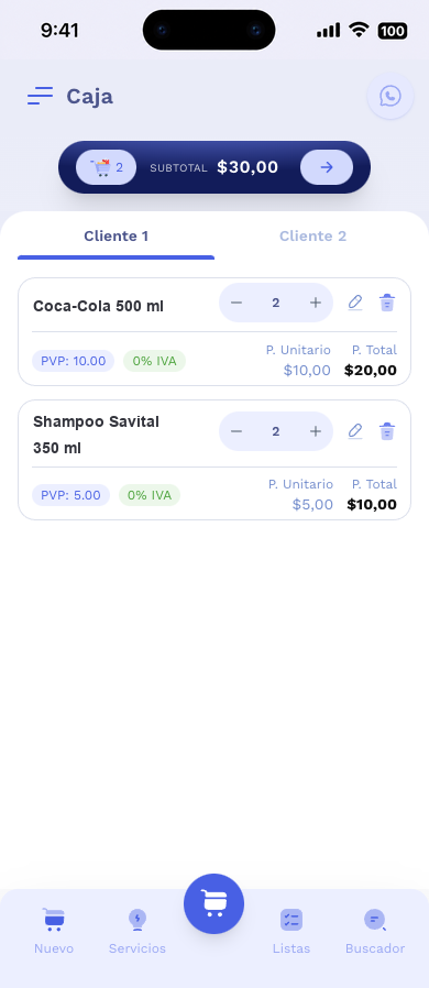 Pantalla de caja de Katu en el celular con productos, subtotal y cobro