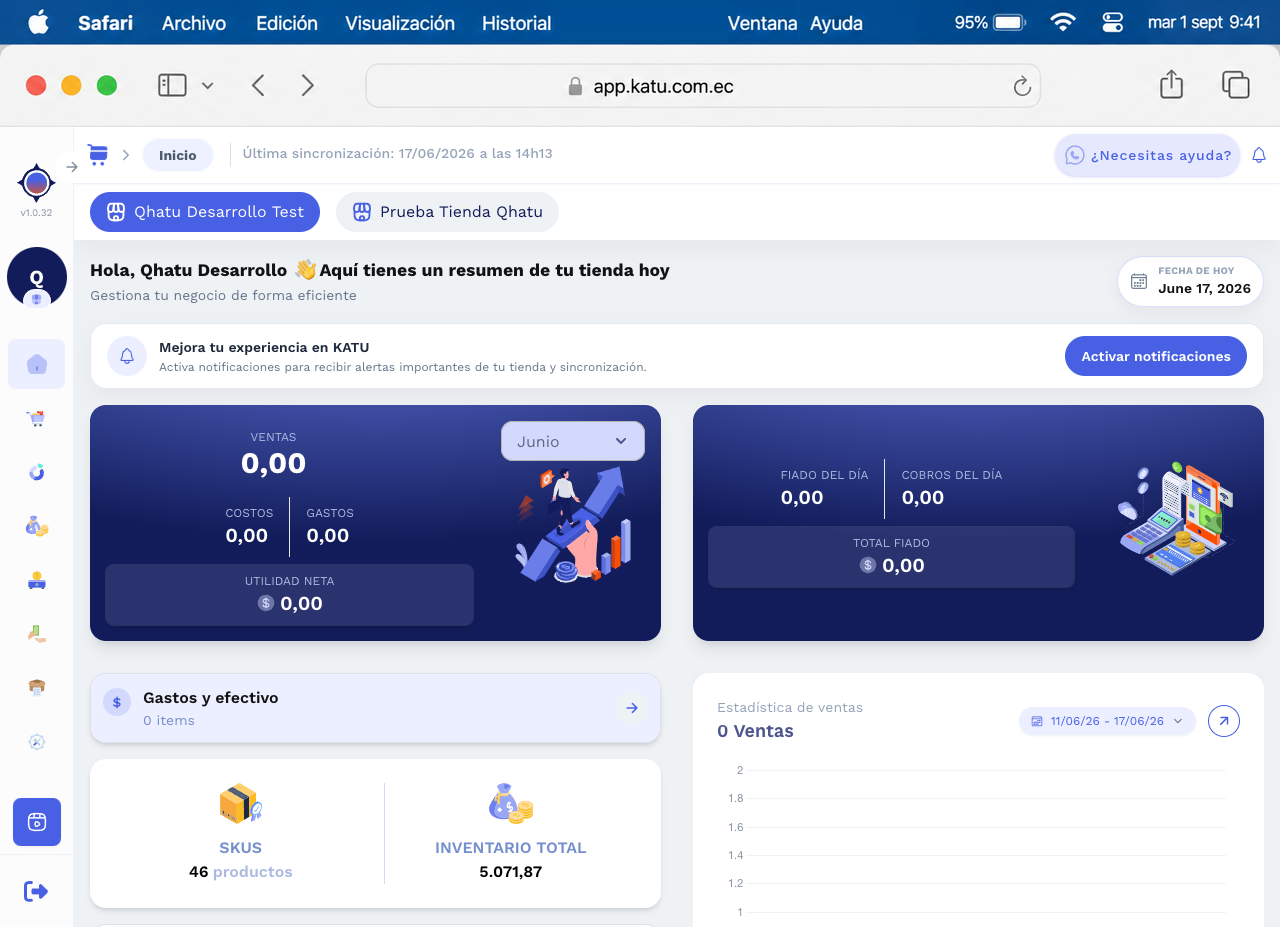 Panel de inicio de Katu en Safari con ventas, costos y utilidad neta