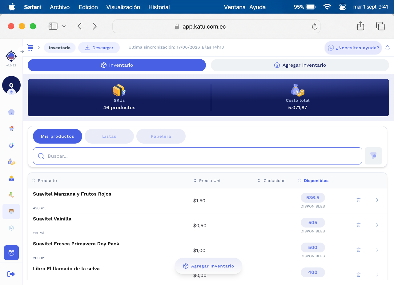 Inventario de Katu en Safari con productos y stock